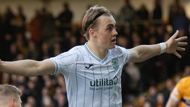 Elias Melkersen celebrates after opening the scoring for Hibernian at Motherwell